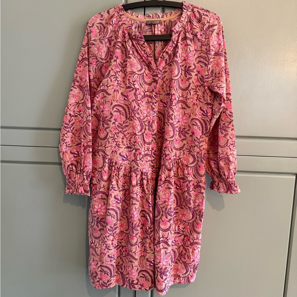 LILLA P long sleeve 100% cotton print light casual dress with pockets - size S